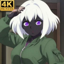 anime poster film still portrait, young woman, black black black woman, purple colored eyes, purple colored eyes, white french bob, green colored bomber jacket, detailed facial features, dynamic pose, cute face by ilya kuvshinov, yoh yoshinari, makoto shinkai, rimlight, cel shaded, 4 k