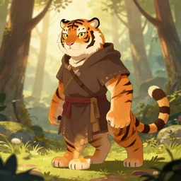 an anthropomorphic medieval tiger assassin with a fluffy tail in the forest, trending on artstation, trending on furaffinity, digital art, by kawacy, anime, furry art, warm light, backlighting, cartoon, concept art
