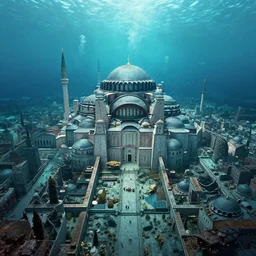 a beautiful digital illustration of a sprawling underwater byzantine city by beeple | cinematic | unreal engine | octane | photorealistic | horizontal symmetry
