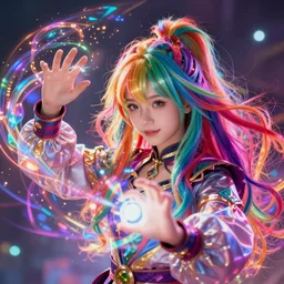 girl sorcerer with colorful hair, learning use magic. radiating colorful energy. photorealistic, magical atmosphere,, holographic undertones, highly saturated colors, by kan liu, andreas rocha, guillaume tholly, gthl. art, makoto shinkai, genshin impact, studio ghibli. trending on artstation. award winning, daily deivation