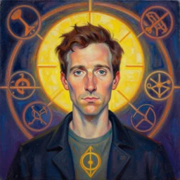 portrait of a tim heidecker by mandy jurgens, cartoon, oil painting, visionary art, symmetric, magick symbols, holy halo, dramatic ambient lighting, high detail, vibrant colors,
