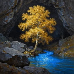 A beautiful, highly detailed, very realistic oil painting of a single golden tree, next to a small river, glowing bright blue in the middle of a huge, very dark cave, with lots of dark grey rocks, oil painting by Afremov.