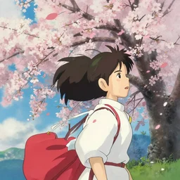 cherry blossoms blowing in the wind, in the style of Sprited Away (2001)