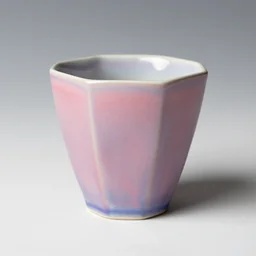 tall icosahedron triangle ceramic mug with pink and purple pearlescent glaze