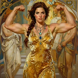 highly detailed oil painting of elegant thick bodybuilder weightlifter lara croft, long hair, glowing skin, gold ombre velvet gown, greek scene, beautiful face by leyendecker, dozens of jeweled necklaces, by greg rutkowski, brom, anato finnstark, alphonse mucha, cinematic lighting,
