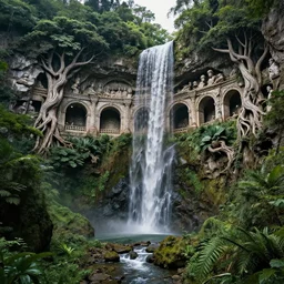 carved into a Mountain a temple above a waterfall, arches adorned pillars, archways, gnarly trees, lush vegetation, forrest,  a small stream runs beneath the waterfall, landscape, raphael lacoste, eddie mendoza, alex ross, concept art, matte painting, highly detailed, rule of thirds, dynamic lighting, cinematic, detailed, denoised, centerd
