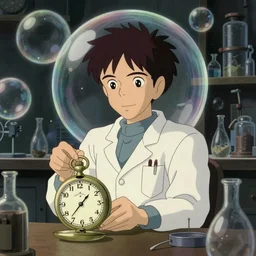 hyperrealist, studio ghibli dull colors portrait cartoon from close encounters of the third kind 1 9 7 7 of a grey pocketwatch scientist alone in his laboratory bubble.