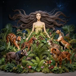 hanna barbera by ryan ottley, by luigi loir lush, meticulous. a beautiful art installation of a woman with long flowing hair, wild animals, & a dark, starry night sky.