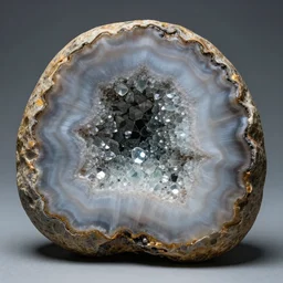 a massive boulder geode cut in half, filled with many small intricate reflective sharp glass shards, hyper realism, studio photography, soft lighting, cinematic shot, highly detailed