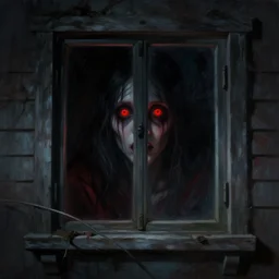 red eyes in the darkness outside the window, creepy, horror, illustration, fantasy horror, artstation, deviantart, 4 k, realistic lighting, unreal engine, night, oil painting