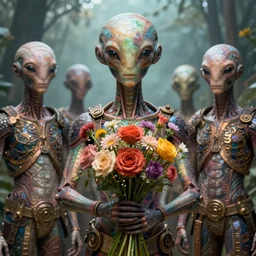 beautiful, amazing hyper realistic, extraterrestrial gentlemen holds a bunch of flowers, by greg rutkowski hyper realistic, pixar, intense, epic, powerfull, alphonse mucha, octane render, highly detailed, high quality, 8 k, soft lighting, path traced, and uang guangjian and gil elvgren, symmetry!! artstation, kinkade