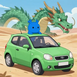 blue knight in a green hatchback car vs dragon, close up, anime, desert landscape, greg rutkowski, Murata, one punch man manga,