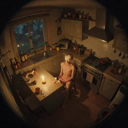 cute solitary kitchen dim lit by a candle ripped physique simon stalenhag gerald brom bastien grivet by greg rutkowski, game background, fisheye lens, high angle view, 5 point view
