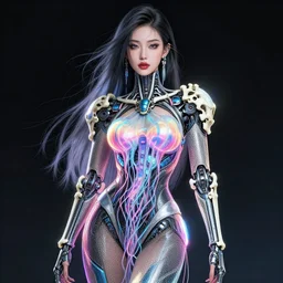 half body portrait of an absurdly attractive, graceful, sophisticated, asian cyberpunk mechanoid fashion idol, hyperdetailed illustration by irakli nadar, maria borges, matt wisniewski style, intricate linework, neon jellyfish spandex, carved bone ruff, fine art photography portrait, global illumination, radiant light