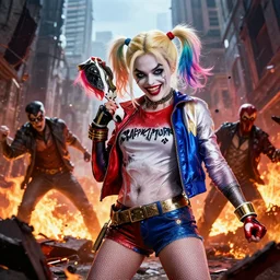 harley quinn fighting super villains, burning wreckage, gotham city, epic cinematic hyperrealism masterpiece, realistic shaded lighting by craig mallismo, artgerm, jeremy lipkin and michael garmash, unreal engine, radiant light, detailed and complex environment, digital art, art station trends, detailed face