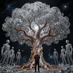 a human man standing next to a cosmic tree, a sense of awe, amazement, monogon, plasma display, wooden, silver, mercury, damascus, armature wire, multiscopy, morph, in a symbolic and meaningful style, insanely detailed and intricate, hypermaximalist, elegant, ornate, hyper realistic, super detailed,