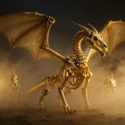 bones of a mysterious fantasy dragon at night, 4 k, photorealistic, golden light, volumetric, foggy, beautiful, calm, tranquil