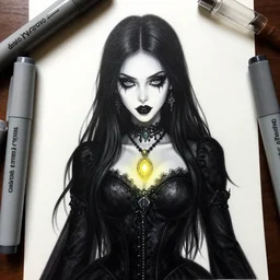 copic marker art of elegant gothic girl with glowing pendant, digitally coloured, by caestrad, collin estrada, instagram, deep blacks, high contrast, artstation, highly detailed, confident, textured, artgerm, chris cold