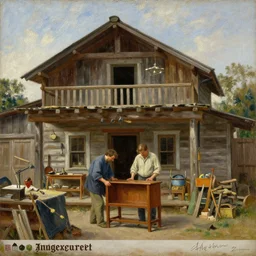 oil painting of craftsman buidling a piece of furniture in their workshop, art by anders zorn, wonderful masterpiece by greg rutkowski, beautiful cinematic light, american romanticism by greg manchess, jessica rossier and norman rockwell