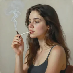 a highly realistic painting of a girl smoking, in a movie of Wong Kar Wai, blue and green, beautiful, very beautiful, full of details, 4K