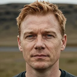 Beautiful photo of a middle aged male Icelandic self absorbed, auburn haired, entrepreneur, clean shaved, high detail, large head, suggesting intimacy without elaborating further