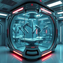 futuristic ribofunk aquarium medical chamber, a single large glass chamber with multiple robotic manipulators inside, highly integrated futuristic automatic medical care unit in a cyberpunk hospital lab, highly detailed, vibrant, hyperdetailed scifi concept art, artstation, hdr, rtx, octane render, cgsociety, solidworks