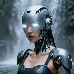 photo of female dancer as a cyberpunk mecha humanoid robotic head shoulder parts with straight bright led lights, under a waterfall, wet skin with water dripping down face, photorealism, ultra - realistic and detailed, 8 k
