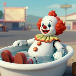 robot clown relaxing at a california drive in, in 1 9 7 2, cutecore clowncore, bathed in the the glow of the sunset, low - light photograph, in style of tyler mitchell