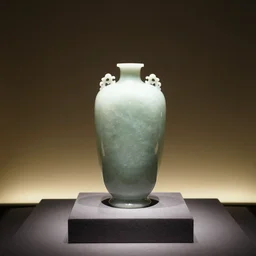 an organic jade vase, sitting on a pedestal, in the middle of a room, with dim light, glowing background, moody setting, highest quality, 8 k