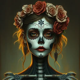 portrait, day of the dead girl by petros afshar and irakli nadar, hyper real, laurie greasley, jc leyendecker and singer sargent
