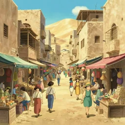 Market with merchants spread across an alley, desert city, vertical architecture, full of life, vivid, lively, sunny, Studio Ghibli, 4K digital painting trending on Artstation