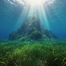 underwater mountain, crepuscular rays, grass, fish, digital art, trending on artstation, unreal engine, 4k