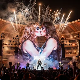 legendary kiss metal band reunion concert on a stadium. detailed photo at the stage whith fireworks on a background. 3 5 mm trending