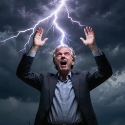 photograph of geert wilders standing, raising both hands and emitting lightning, shouting, crazy eyes, atmospheric lighting, dark clouds, sinister, by saul leiter