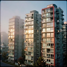 Macro photograph of Orwellian apartment in Vancouver, dystopia, extreme detail, contemporary art style, vibrant colors, realism, cinematic, misty, 35mm film grain