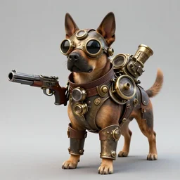 dog wearing steampunk armor with a gun attached to it, 4 k, art station concept art, highly detailed
