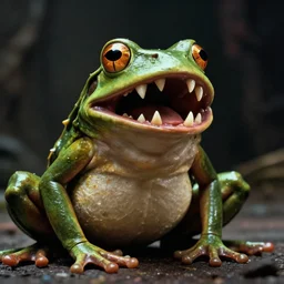 an anthropomorphic frog with a mouth full of sharp teeth laughing maniacally, a satanic ritual, by Brian Froud and John Carpenter. Movie screenshot directed by Stephen Spielberg, and cinematography by Roger Deakins. Shot from a low angle. Cinematic.