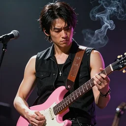 asian rocker guy with a stoic expression, wearing a black vest and playing a pink guitar, smoke in the background, full color digital illustration in the style of frank frazetta, artgerm, artstation trending, 4 k