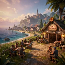 the new fantasy roleplaying metaverse location! virtual reality supported! come join us at the most popular mmorpg in the metaverse! here is an incredible image from a seaside village at dusk! folks drinking outside the pub! welcome to the future! hyper - realistic, path tracing