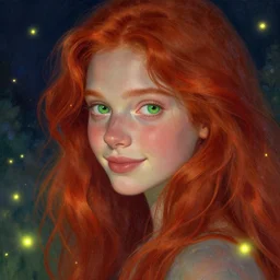 sharp, intricate fine details, breathtaking, digital art portrait of a red haired girl with green eyes softly smiling in a dreamy, mesmerizing scenery with fireflies, art by vittorio reggianini