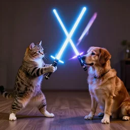an epic lightsaber duel between a cat and a dog