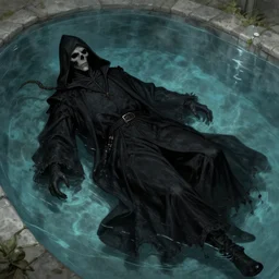 a grim reaper lying in a pool, very detailed, perfect composition, perfect lighting, 4 k, jacques - laurent agasse, tim white, artgerm
