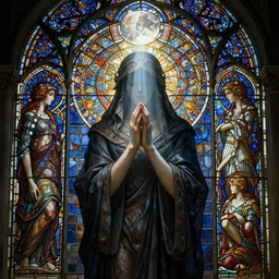 prayer in silence, stained glass masterpiece,  cinematic, powerful, moon beams dramatic light, highly, intricate elements, hollow souls, detailed, digital painting, artstation, concept art, sharp focus, contrasty, illustration, art by artgerm and greg rutkowski and alphonse mucha, mitch foust, elaborate composition, intricate story