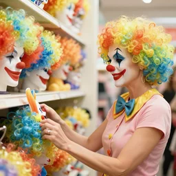 joy behar browsing clown wigs in a clown store