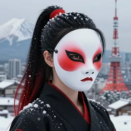 highly detailed closeup portrait of long ponytail black and red and white hair ninja mask female, stray snowflakes wiring by atey ghailan, by james gilleard, by joe fenton, by meybis ruiz cruz, by greg tocchini, 4 k resolution, gradient black, red and white color scheme!!! ( ( snowy fuji mountain village and tokyo tower background ) )