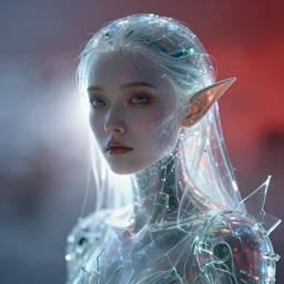 realistic closeup portrait of a transparent cyborg girl druid, shattered glass, cinematic light, backlight glow, red sky blue, misty, by mikhail vrubel, by philippe druillet, by peter elson, by gerald brom, muted colors, ( ( extreme detail ) ), trending on artstation, 8 k