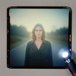 kodak portra 4 0 0, wetplate, flashlight, 8 5 mm carl zeiss, blueberry, award - winning colour portrait by britt marling : a sunlit picture of a woman in a road creepy, unsetling, quadratic picture frames, haze, wallpaper, fog, no people