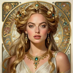 Margot Robbie as a Greek Goddess, cute, fantasy, intricate, elegant, highly detailed, digital painting, 4k, HDR, concept art, detailed jewelry, smooth, sharp focus, illustration, head and waist potrait, art by Artgerm, H R Giger, Greg Rutkowski and Alphonse Mucha