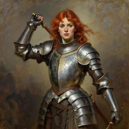 beautiful female warrior, half body portrait, ginger hair, ornate armour, in a dynamic pose, realistic oil painting by Thomas Cole and Wayne Barlowe