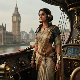 Radhika Apte as a steampunk airship pilot, wearing a sari, standing on the bridge of her airship, looking out over Victorian London, digital steampunk art, trending on ArtStation